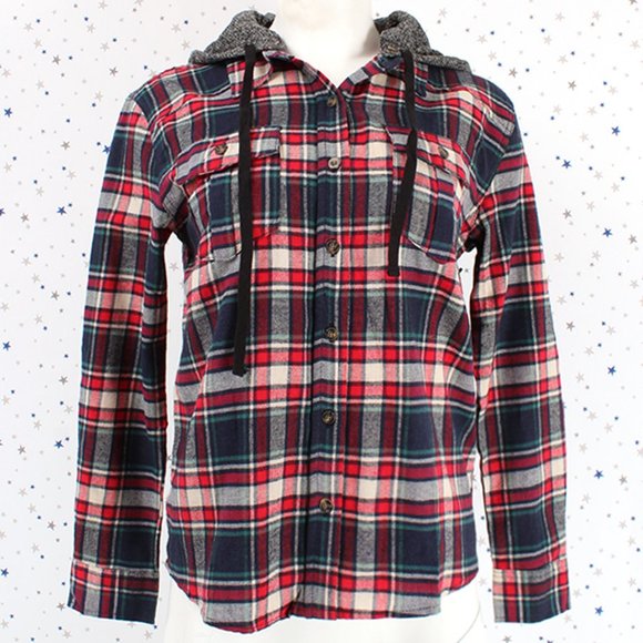 Removable Hood Button Plaid Shirt Taupe Red Navy - Picture 2 of 7